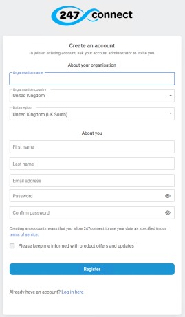 247connect create an account page. The form asks for organisation details (organisation name, organisation country, data region) and user details (first name, last name, email address, password, confirm password). There is a checkbox to opt in for product offers and updates. Buttons include Register and a link to Log in here.